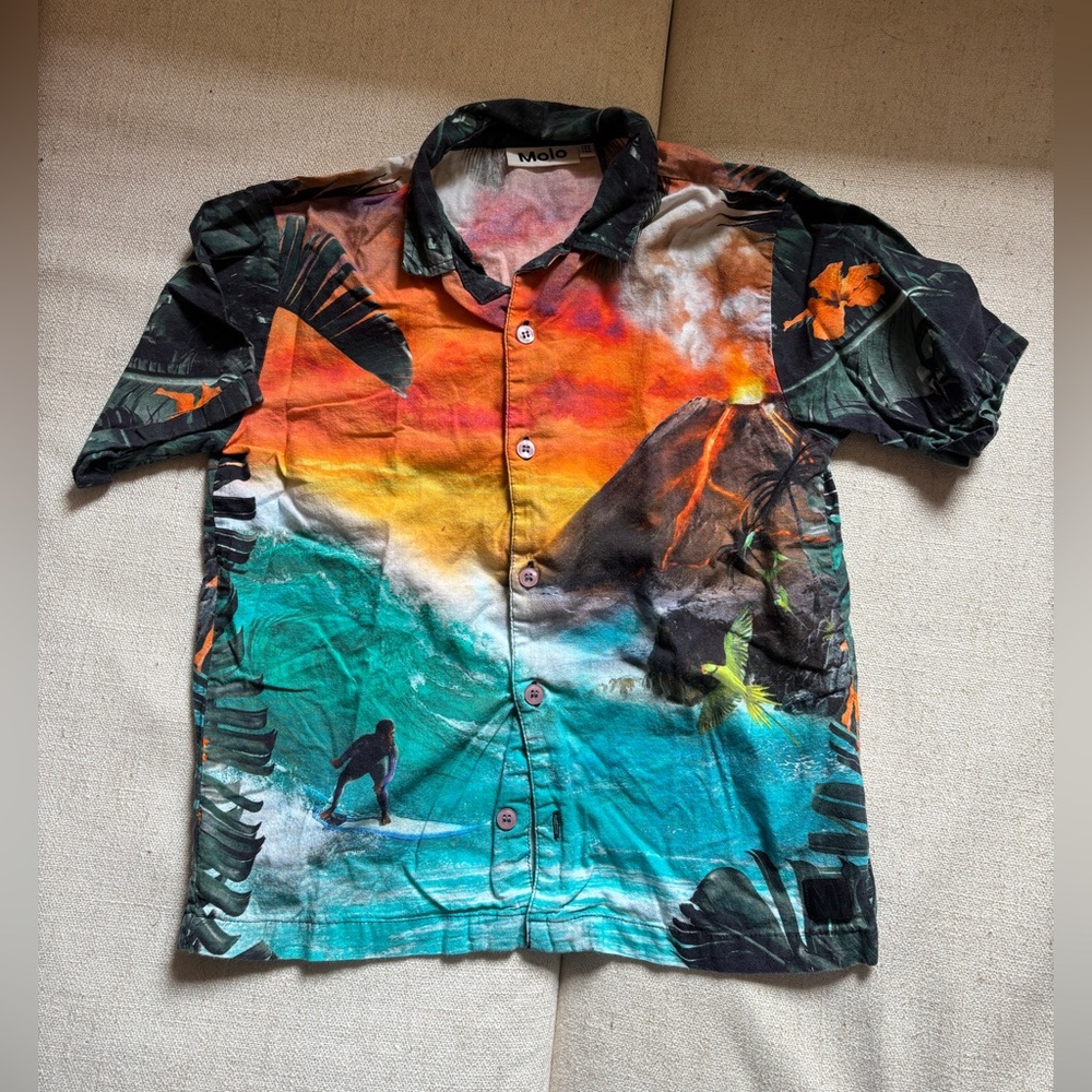 Molo Kids Orange Yellow Teal Surf & Volcano Button-Down Shirt